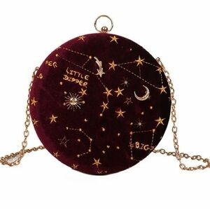 Festive Red Velvet Star Constellation Embroidered Round Bag